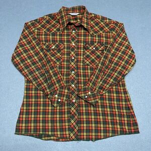 VTG Wrangler Shirt XL Mens Orange Green Western Plaid Pearl Snap 80s Made in USA